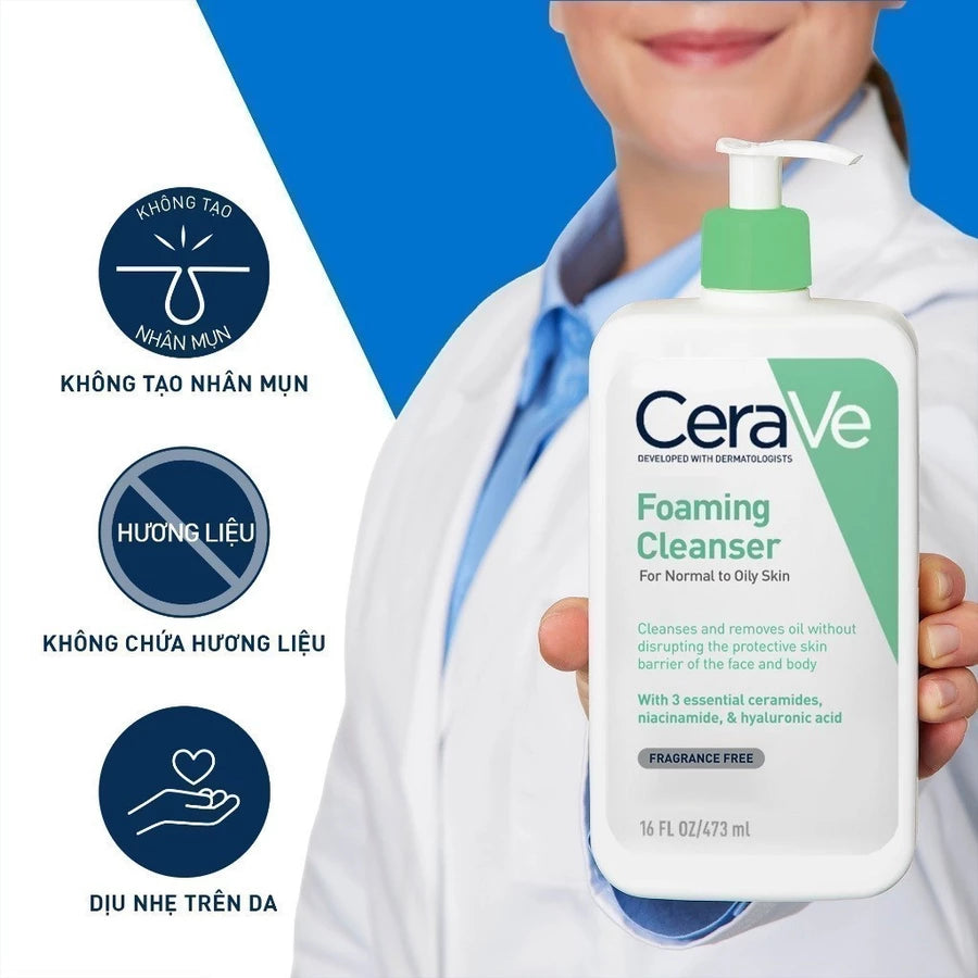 Sữa rửa mặt foaming giúp làm sạch sâu và dưỡng ẩm dịu nhẹ dành cho da dầu - CeraVe Foaming Facial Cleanser 473ML