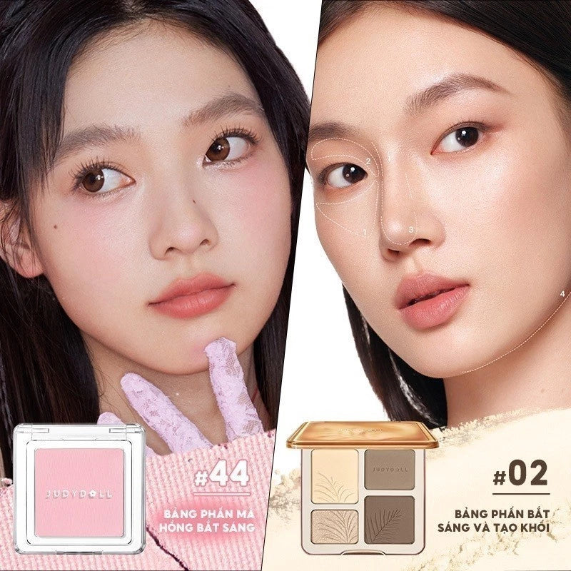[Combo 2] Bảng Tạo Khối Bắt Sáng Highlight JUDYDOLL 4 Ô Thời Thượng & Phấn Má Hồng Đơn Sắc Tự Nhiên Đa Năng