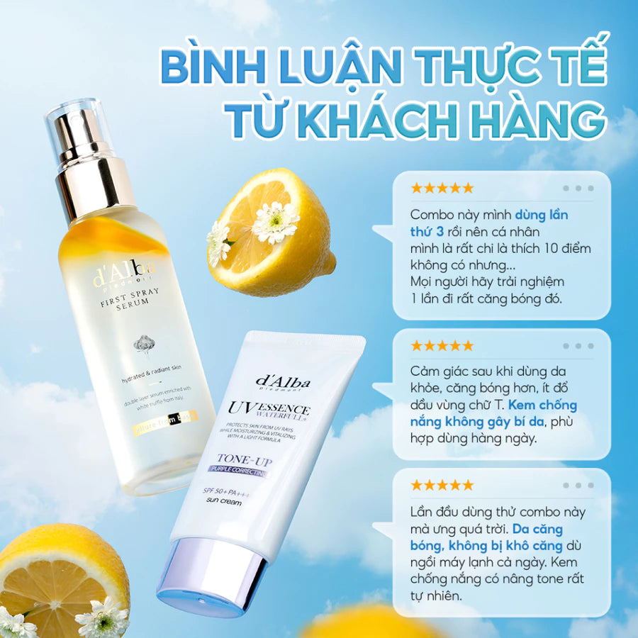 [d'Alba Official] Set Quà Hè – Dưỡng Da & Chống Nắng Toàn Diện (First Spray Serum 100ml, Kem chống nắng tông màu tím 50ml, Quà....