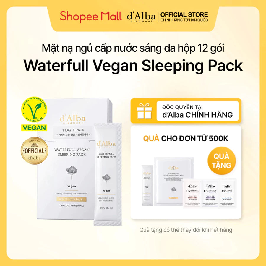 [d'Alba Official] Mặt nạ ngủ cấp nước sáng da hộp 12 gói Waterfull Vegan Sleeping Pack
